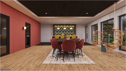 a dining room with furniture and window