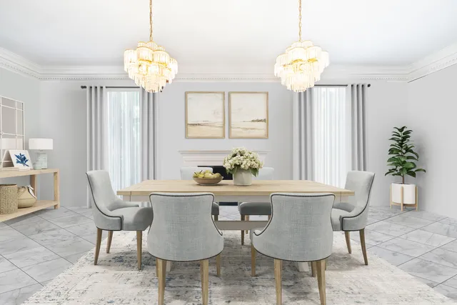 a dining room filled chandelier and wooden furniture