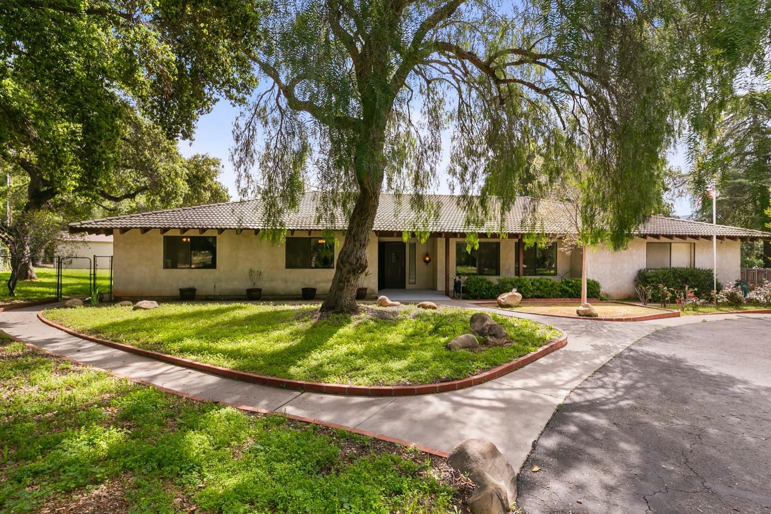 a view of a house with backyard and trees
