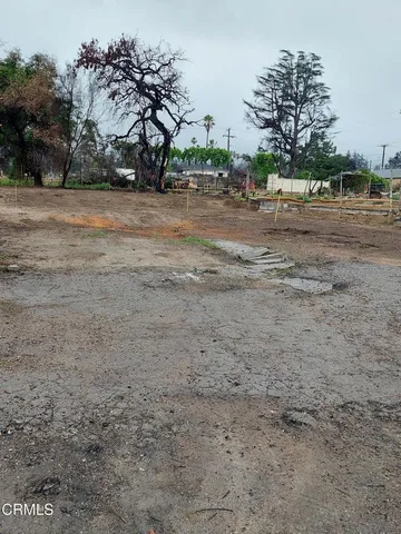 a backyard of a house with large trees and outdoor seating