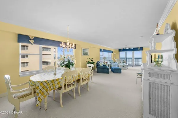 a view of a dining room with furniture