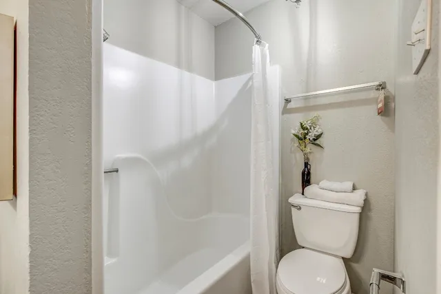 a bathroom with a toilet and a shower
