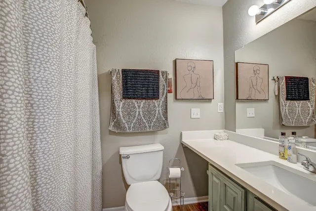 a bathroom with a toilet sink vanity and mirror