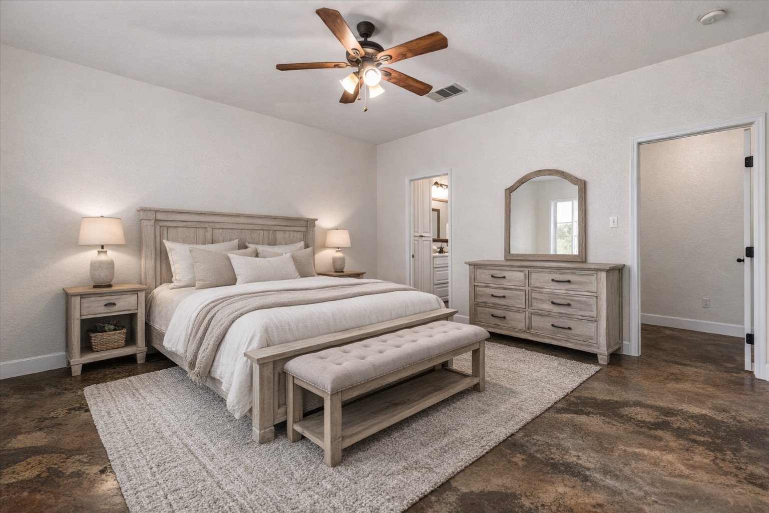 207 Cardinal Loop Paige, TX 78659 - Photo 12 of 39 a spacious bedroom with a bed and a ceiling fan