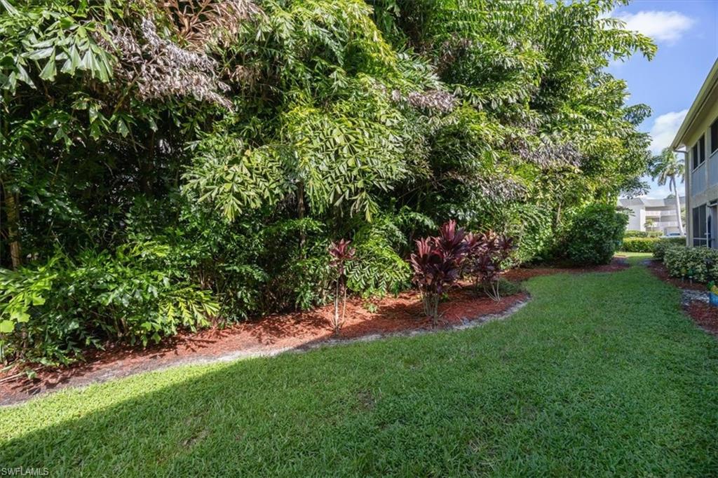 338 Bradstrom Circle, Unit 102 Naples, FL 34113 - Photo 18 of 21 a view of a backyard with table and chairs and potted plants and large trees