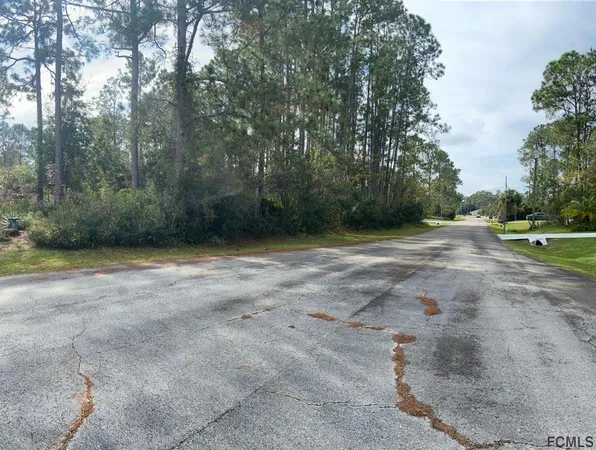 a view of a field with trees in the background