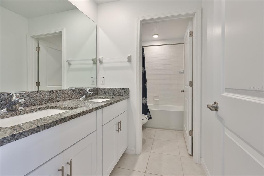9913 Jackfruit Court Riverview, FL 33578 - Photo 31 of 57 a bathroom with a granite countertop sink mirror and a bathtub