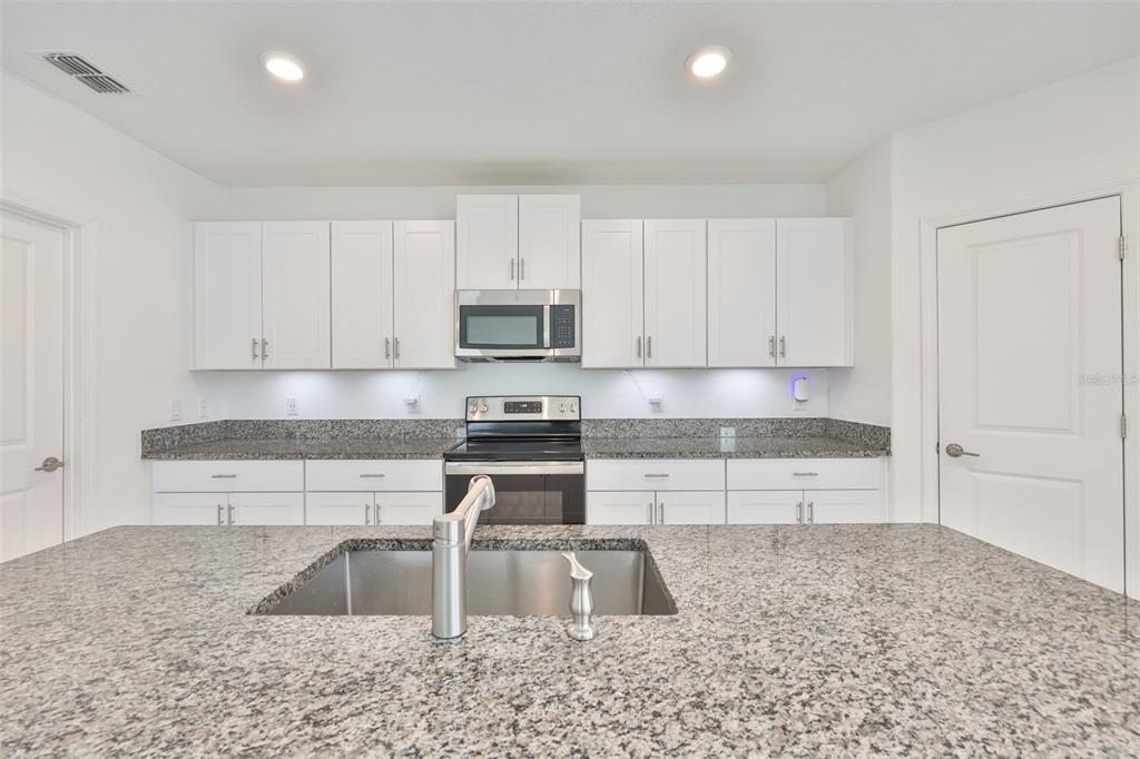 9913 Jackfruit Court Riverview, FL 33578 - Photo 7 of 57 a kitchen with kitchen island granite countertop a sink a stove a microwave and cabinets