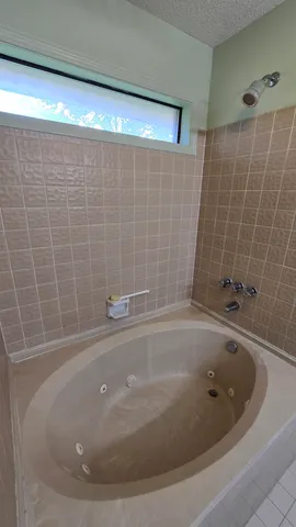 a bath tub sitting in a bathroom and a shower