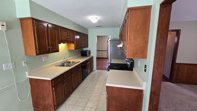 a kitchen with a stove a sink and a refrigerator