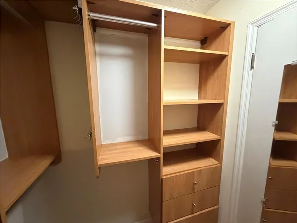 a bathroom with a shower and closet