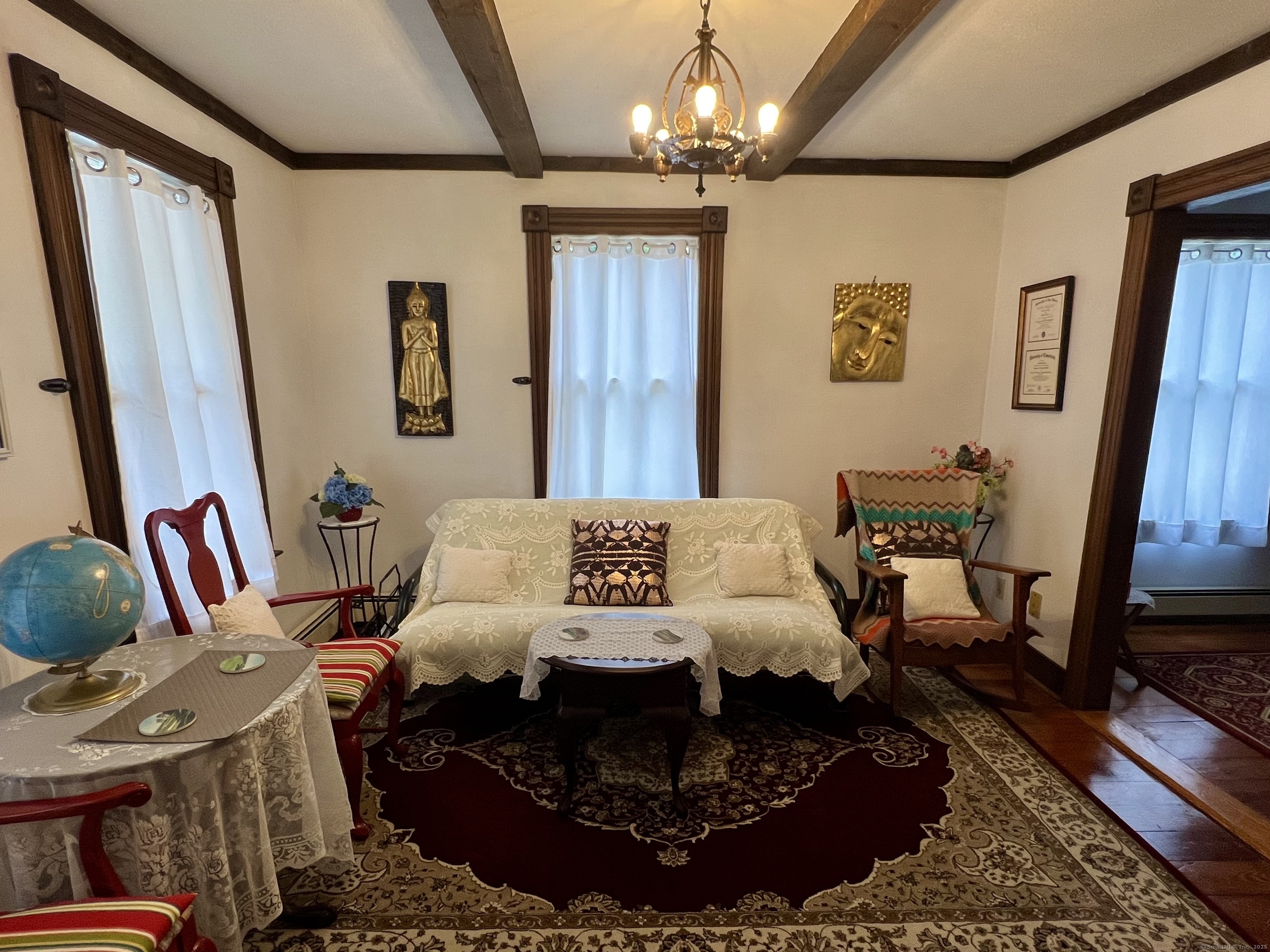 a living room with a large window