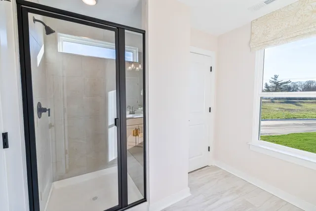 a bathroom with a sink a mirror and a shower