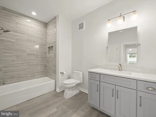 a bathroom with a toilet a sink a mirror a bathtub and vanity