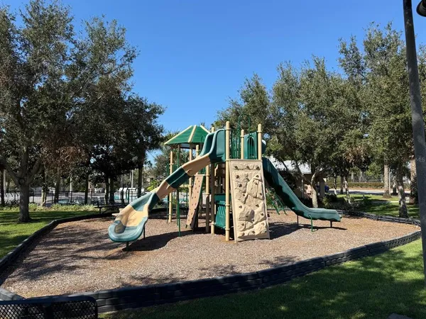 a view of a park with slide