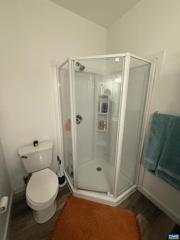 a bathroom with a toilet and a shower