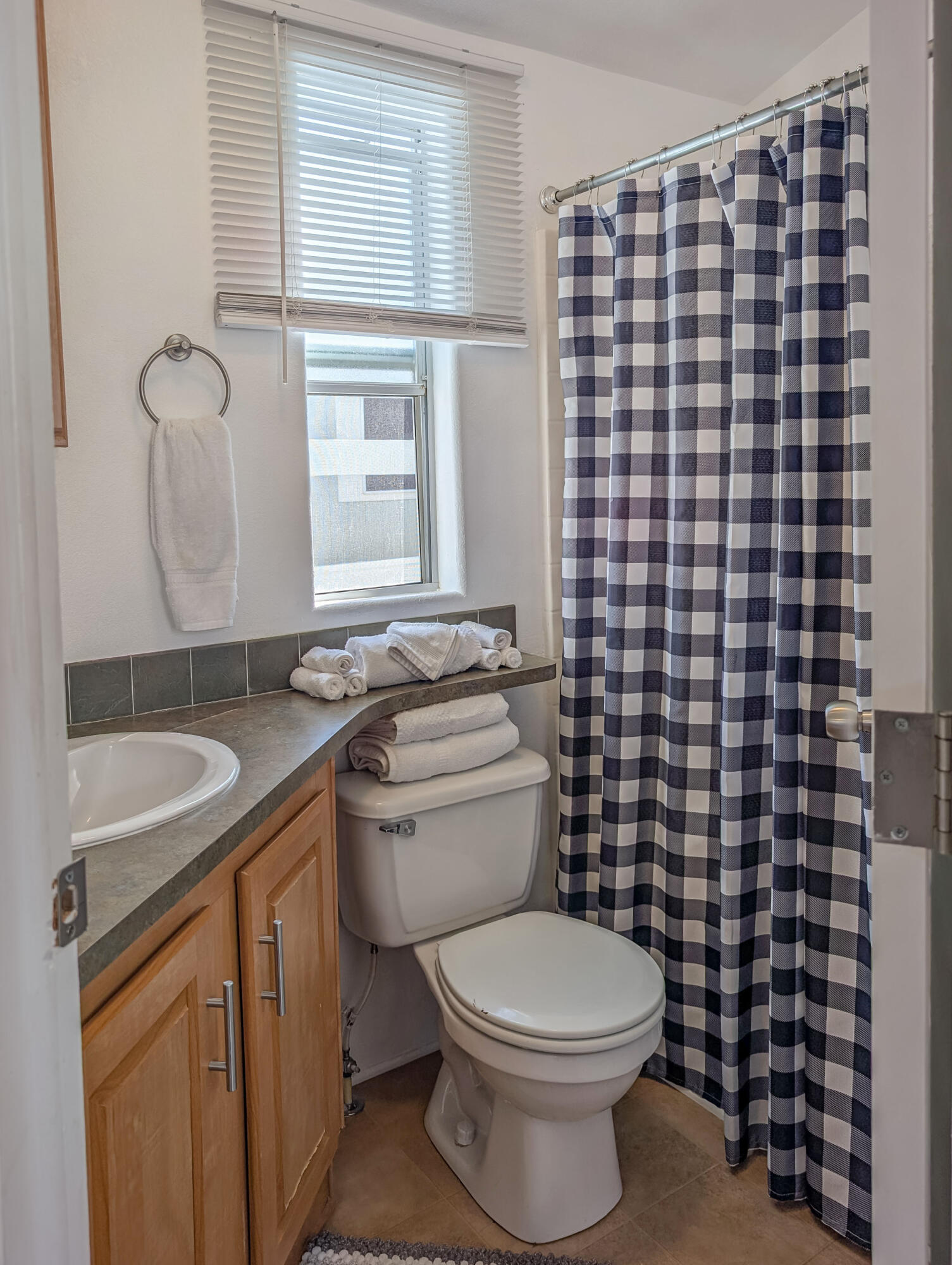 70200 Dillon Road, Unit 425 Desert Hot Springs, CA 92241 - Photo 11 of 28 a bathroom with a granite countertop toilet a sink a mirror and shower curtain