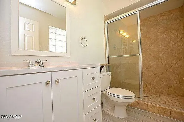 a bathroom with a sink a toilet and shower