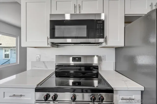 a kitchen with a stove and a microwave