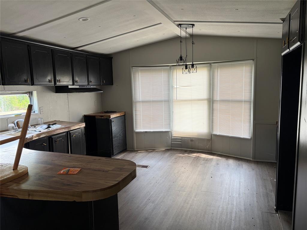 410 Patrick Street Minden, LA 71055 - Photo 5 of 9 Open-concept kitchen and dining area featuring dark cabinetry, wood-finish countertops, and wood-finish flooring