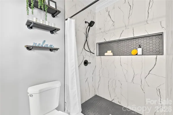 a bathroom with a shower and a toilet