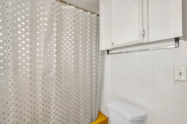 a bathroom with a shower curtain