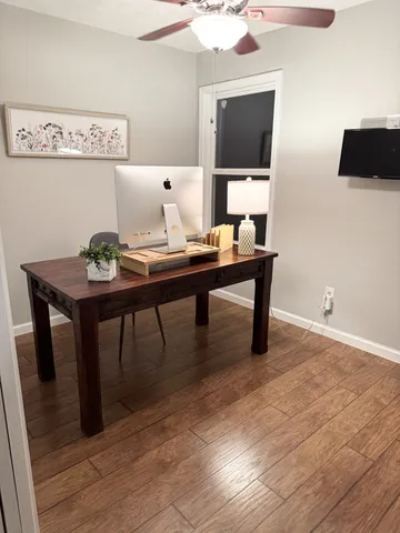 a view of a garden with an outdoor space