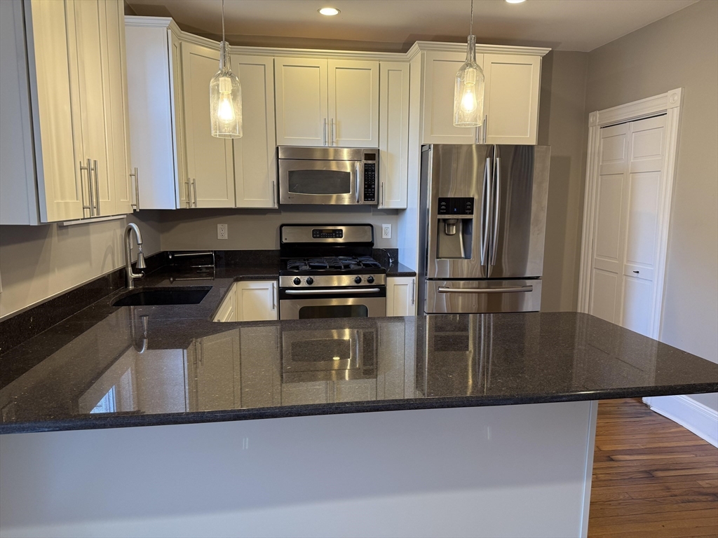 32 Covington Street, Unit SF Boston, MA 02127 - Photo 6 of 27 a kitchen with stainless steel appliances granite countertop a refrigerator a stove and a sink with wooden floor