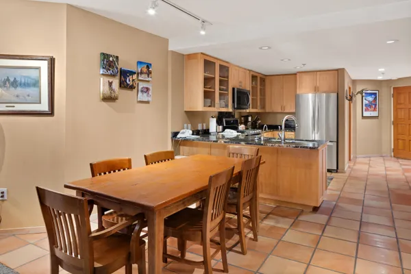 a view of a dining room with furniture