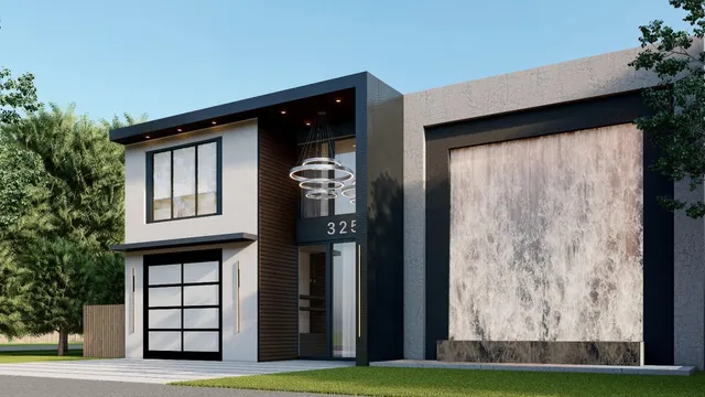 a view of a house with a large window and yard