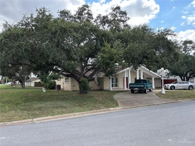 a view of a house with a large tree in front of it