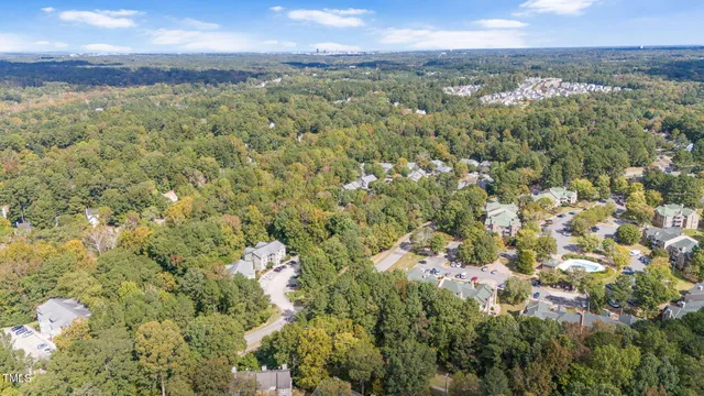 a view of a city with lush green forest