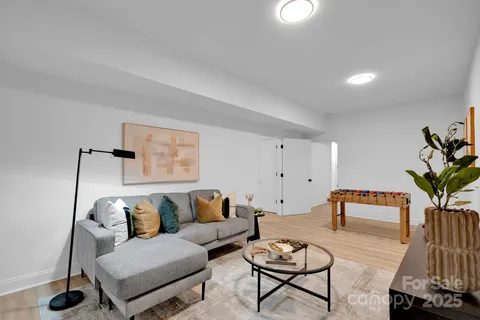 a living room with furniture and a potted plant