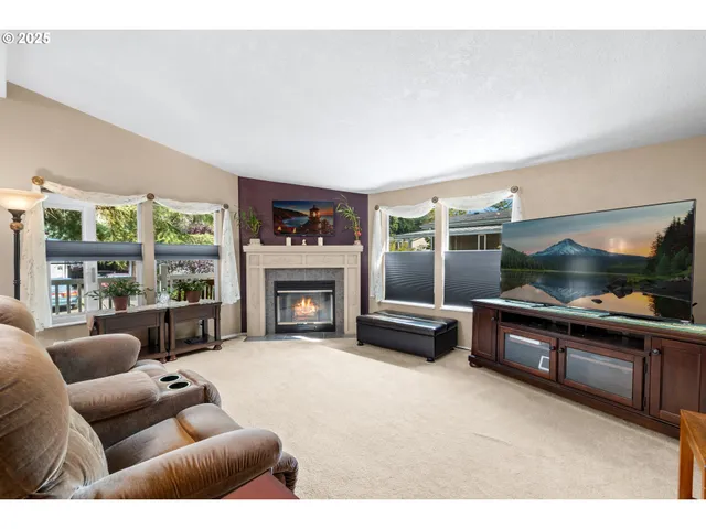 a living room with furniture a flat screen tv and a fireplace