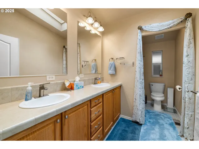 a bathroom with a sink a toilet and a mirror