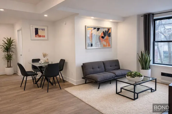 a living room with furniture potted plant and window