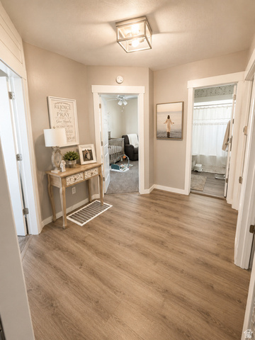 303 North Main Street Grace, ID 83241 - Photo 11 of 22 Hallway featuring wood-finish flooring, white trim, and a flush mount ceiling light