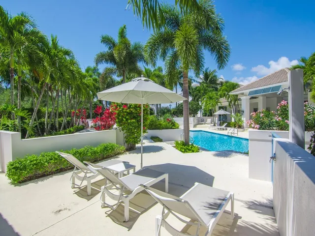 a view of a patio with couches table and chairs under an umbrella with palm trees