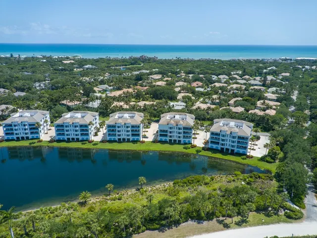 an aerial view of residential houses with outdoor space and swimming pool