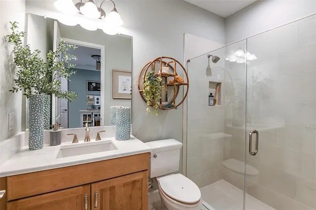 a bathroom with a granite countertop sink mirror and a
