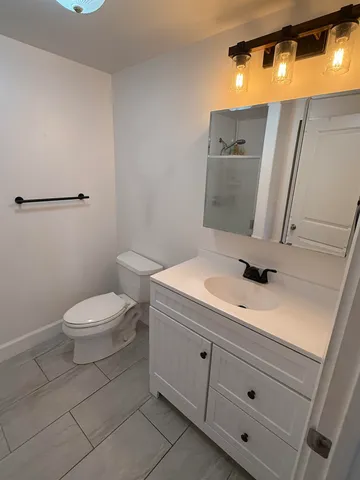 a bathroom with a toilet a sink and mirror