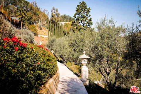 a view of a pathway with a flower garden