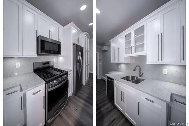 a kitchen with stainless steel appliances a sink stove and refrigerator