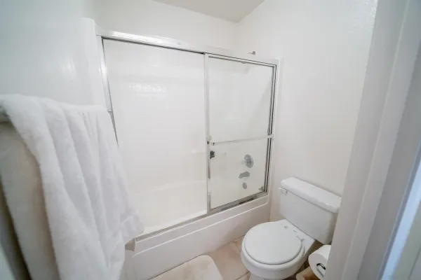 a white toilet sitting next to a shower