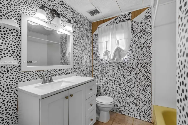 a bathroom with a sink mirror vanity and toilet