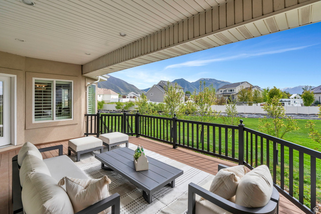 1355 West 1000 South Mapleton, UT 84664 - Photo 33 of 74 Wooden terrace with an outdoor lounge area, a mountain view, and a residential view