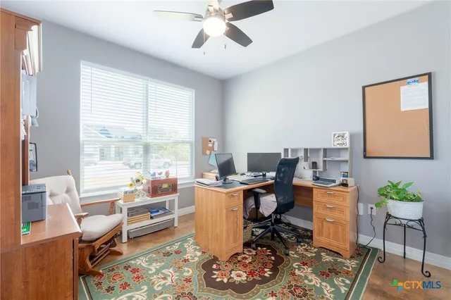 a workspace with furniture and a potted plant