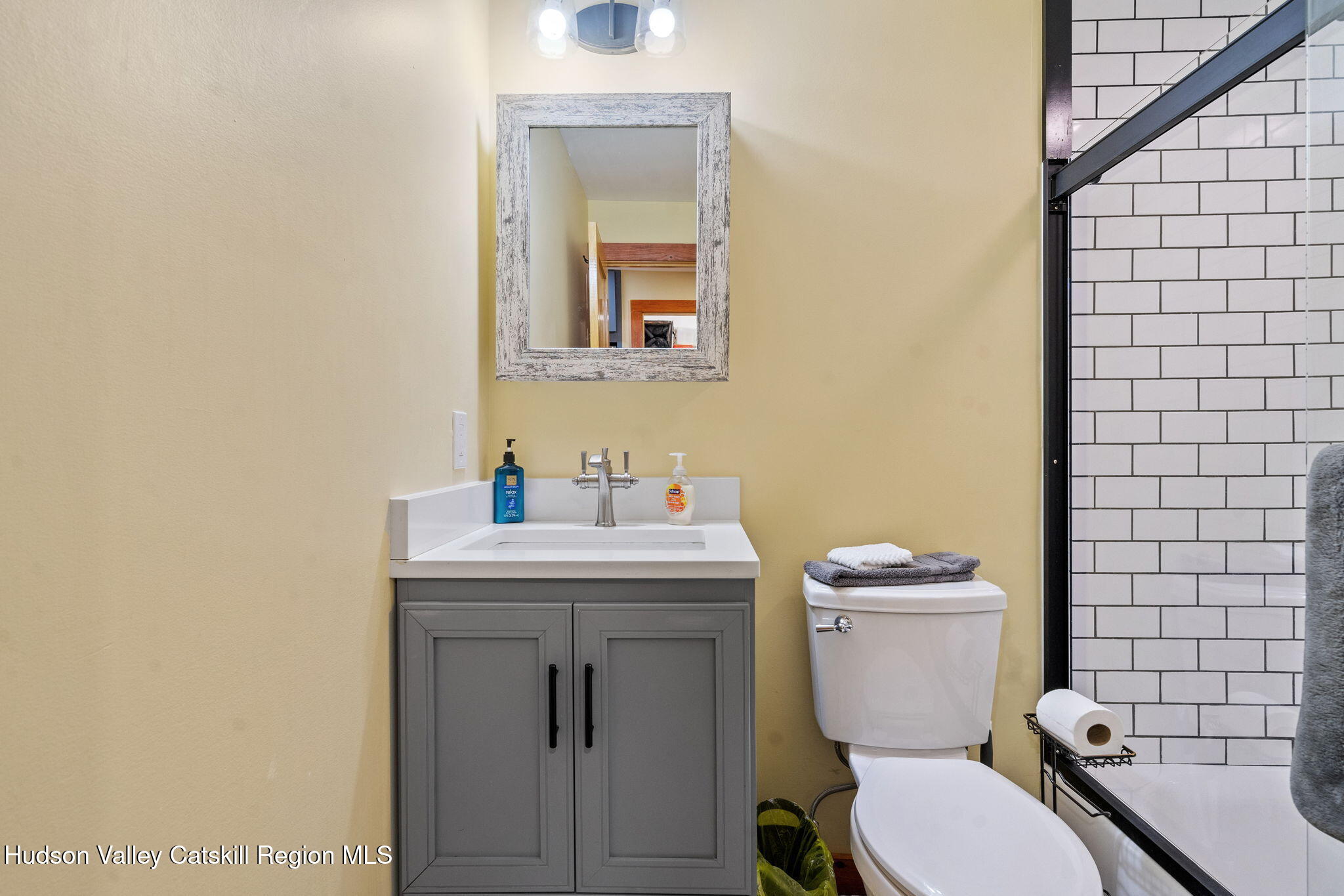 35 Scribner Hollow Road, Unit E3 Hunter, NY 12442 - Photo 49 of 59 a bathroom with a toilet a sink and mirror