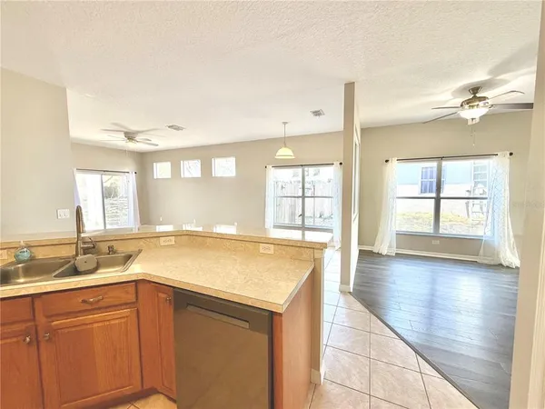 a view of a kitchen with a sink and dishwasher with wooden floor