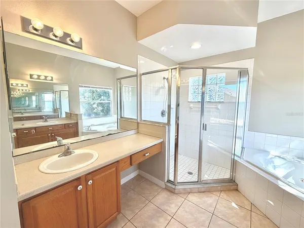 a bathroom with a shower sink and mirror